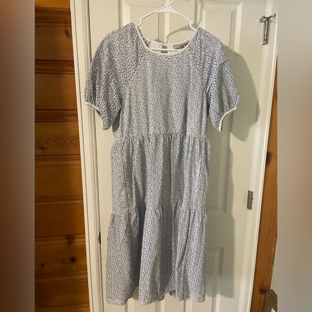 Everlane Midi Tiered Eyelet Dress in Blue and White stripe